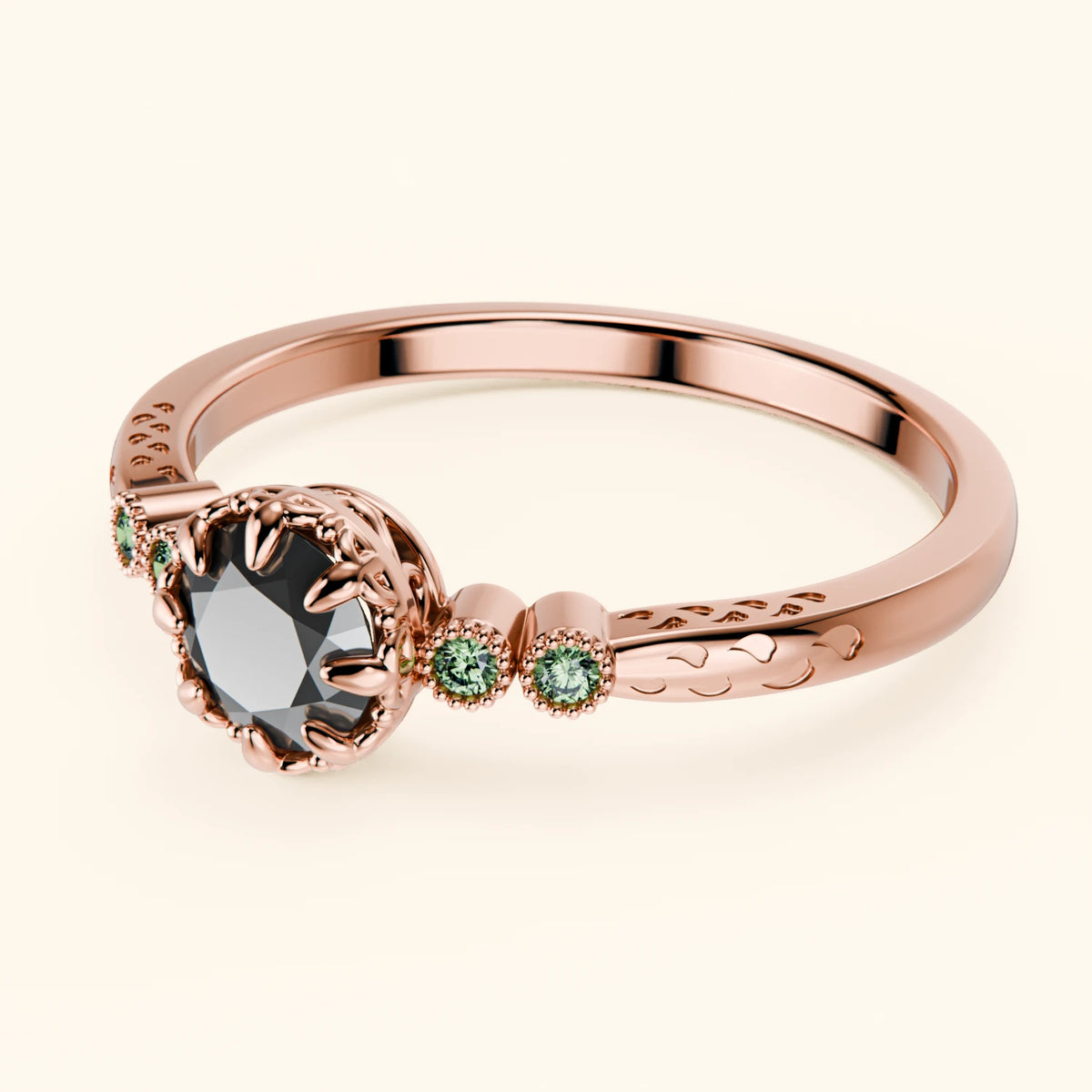 Engagement Ring Clarté - 0.5ct Black Diamond with Lab Green Diamond Side Stones