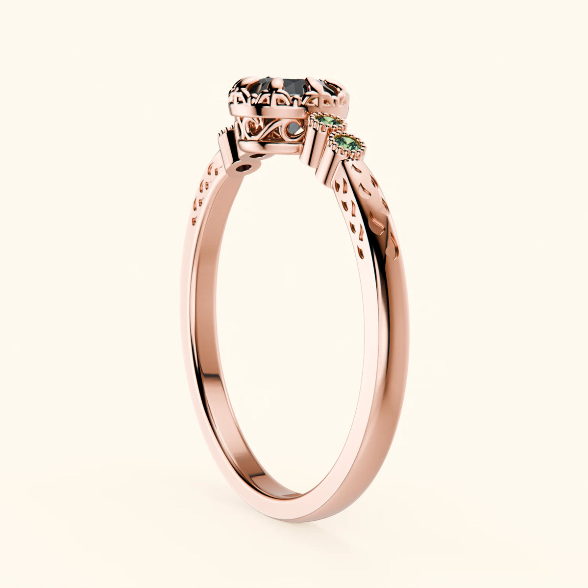 Engagement Ring Clarté - 0.5ct Black Diamond with Lab Green Diamond Side Stones