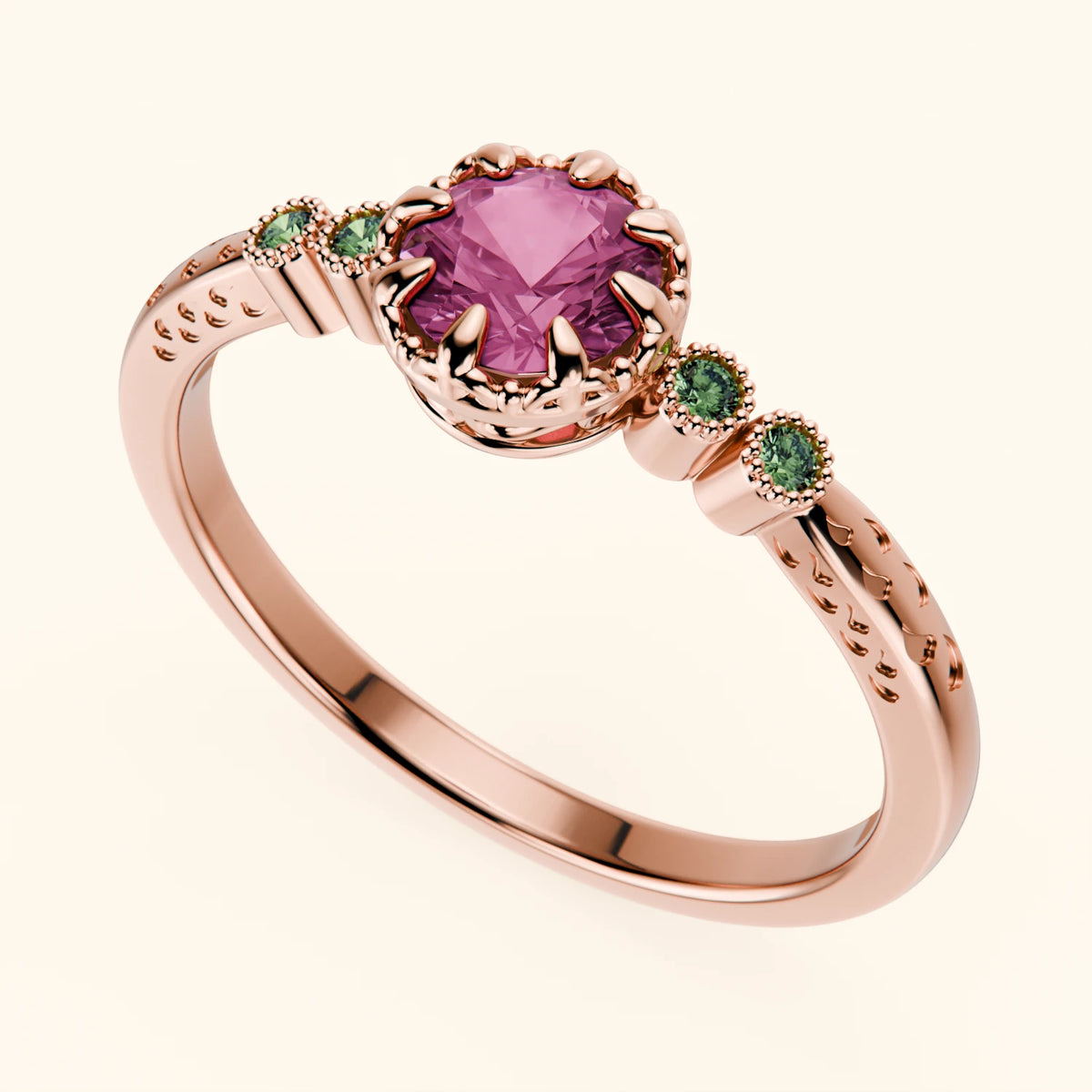 Engagement Ring Clarté - 0.60ct Natural Pink Sapphire with Lab Green Diamond Side Stones