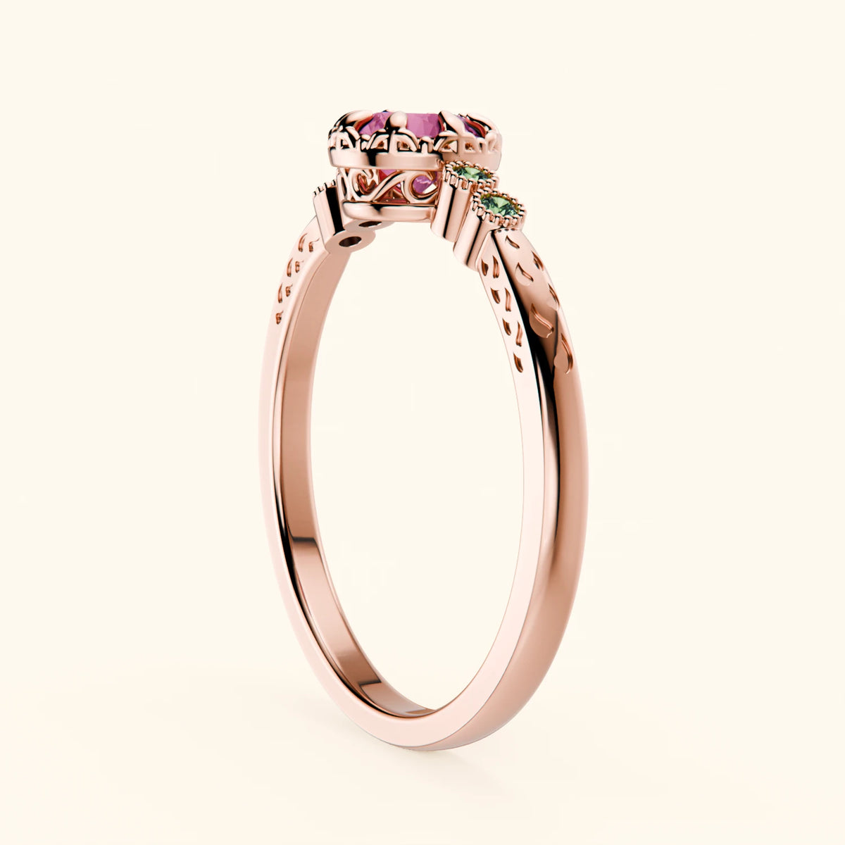 Engagement Ring Clarté - 0.60ct Natural Pink Sapphire with Lab Green Diamond Side Stones