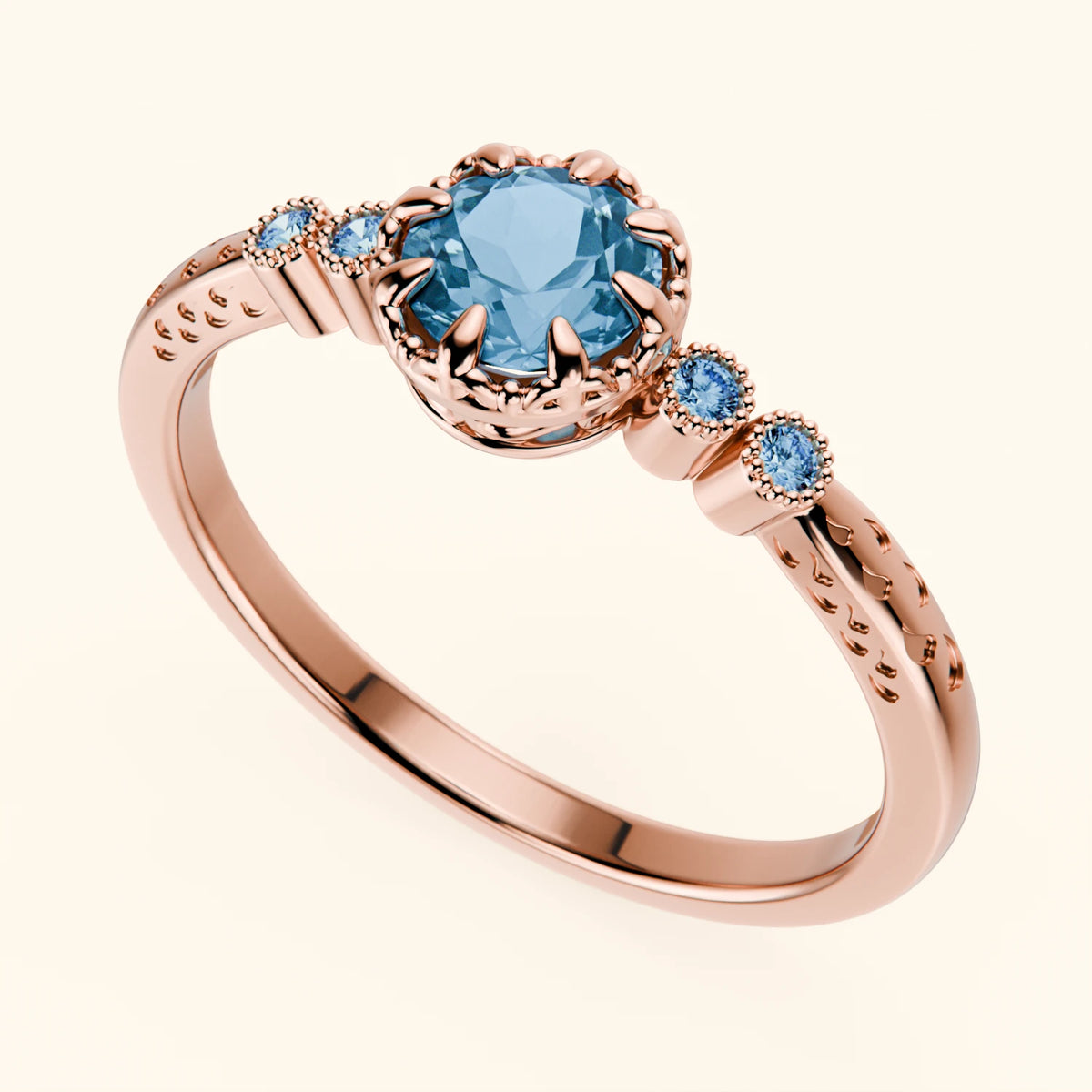 Pierścionek zaręczynowy Clarté – Topaz Swiss Blue 0,50 ct, kamienie boczne: niebieski diament laboratoryjny