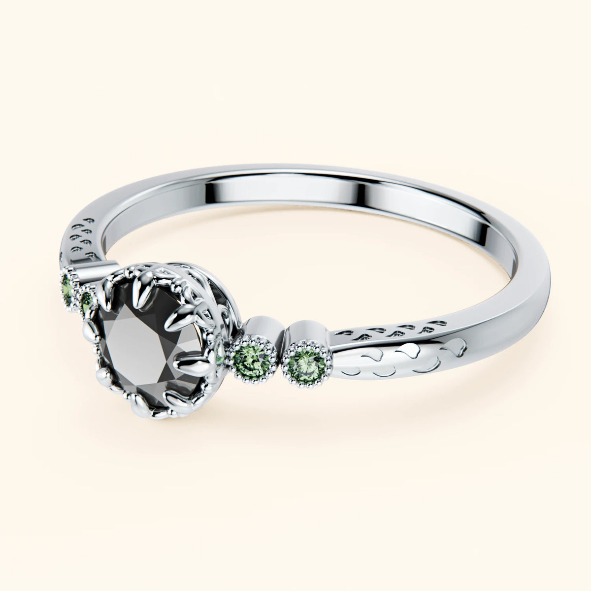Engagement Ring Clarté - 0.5ct Black Diamond with Lab Green Diamond Side Stones