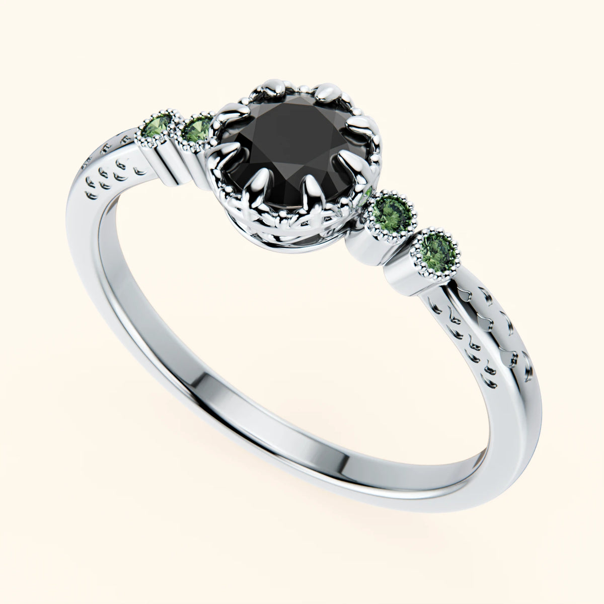 Engagement Ring Clarté - 0.5ct Black Diamond with Lab Green Diamond Side Stones