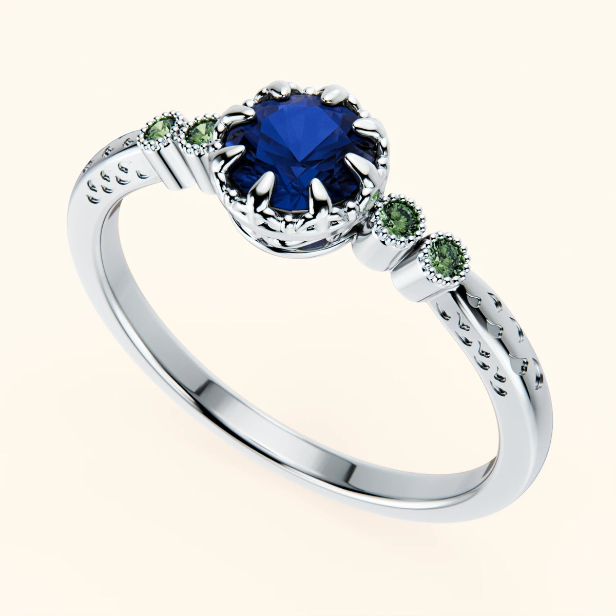 Engagement Ring Clarté - 0.60ct Lab Blue Sapphire with Lab Green Diamond Side Stones