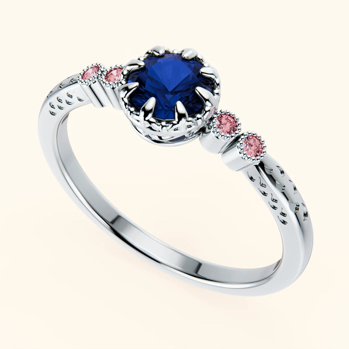 Engagement Ring Clarté - 0.60ct Natural Blue Sapphire with Lab Pink Diamond Side Stones