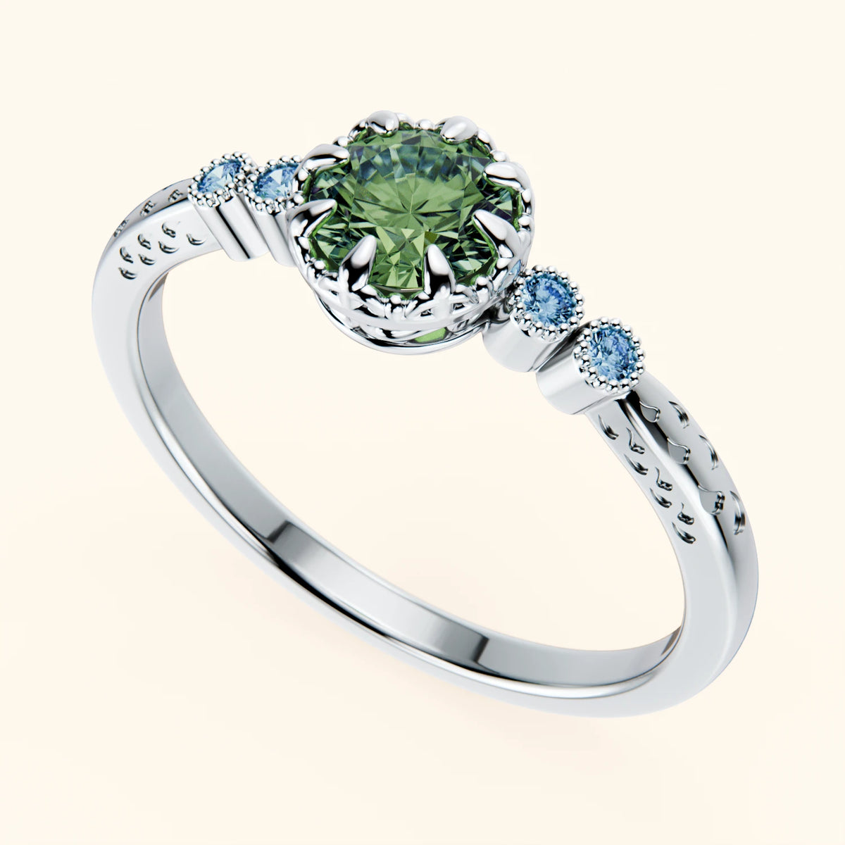 Engagement Ring Clarté - 0.5ct Lab Green Diamond with Lab Blue Diamond Side Stones