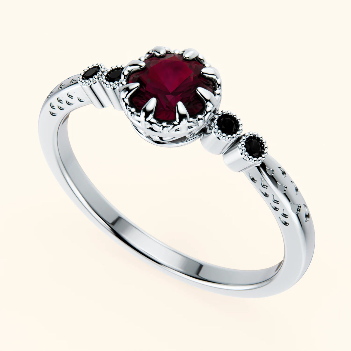 Pierścionek zaręczynowy Clarté – Rubin naturalny 0,60 ct, kamienie boczne: czarny diament