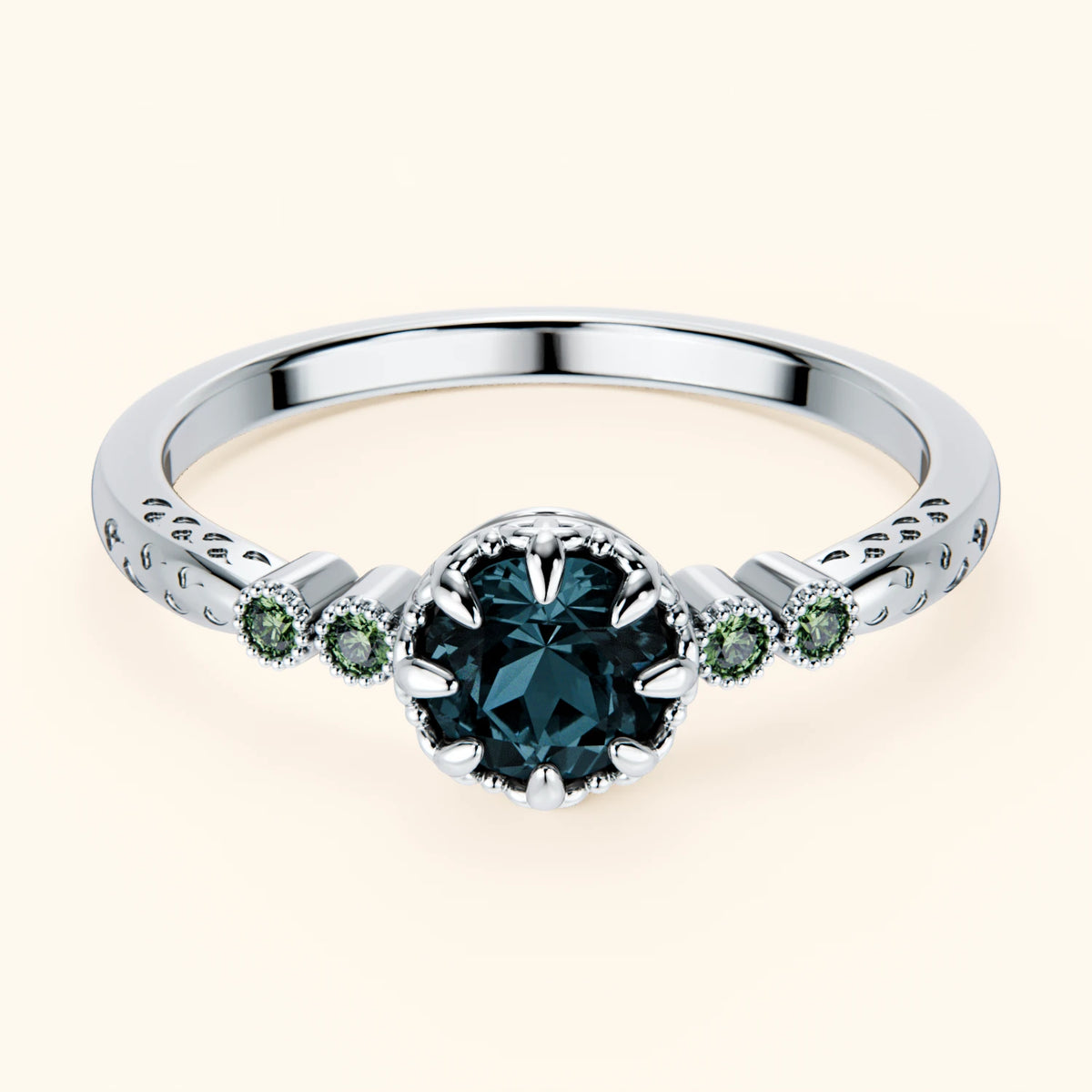 Pierścionek zaręczynowy Clarté – Topaz London Blue 0,50 ct, kamienie boczne: zielony diament laboratoryjny