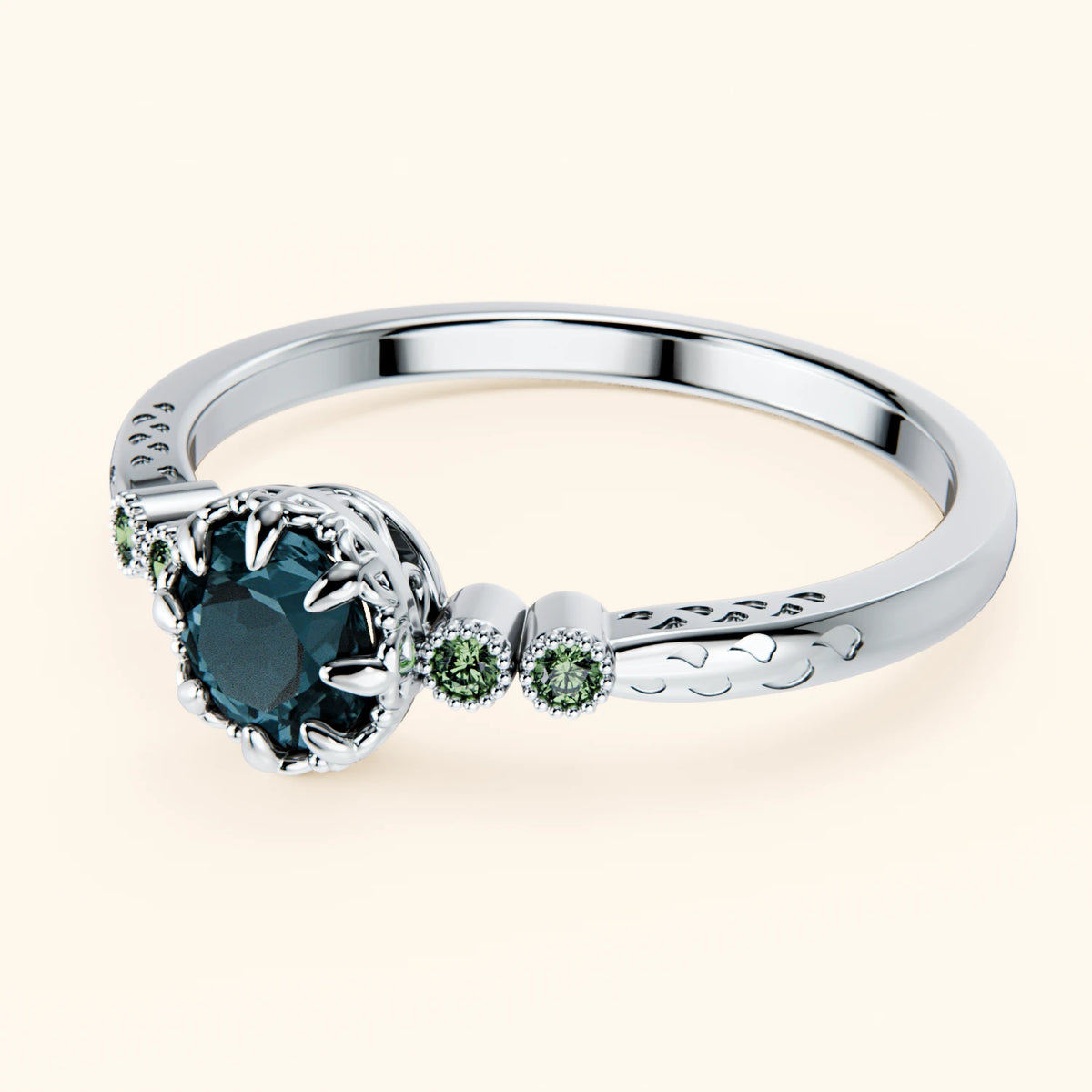 Pierścionek zaręczynowy Clarté – Topaz London Blue 0,50 ct, kamienie boczne: zielony diament laboratoryjny