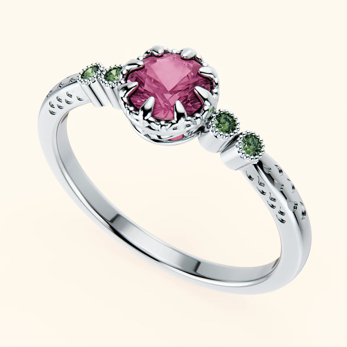Engagement Ring Clarté - 0.60ct Natural Pink Sapphire with Lab Green Diamond Side Stones