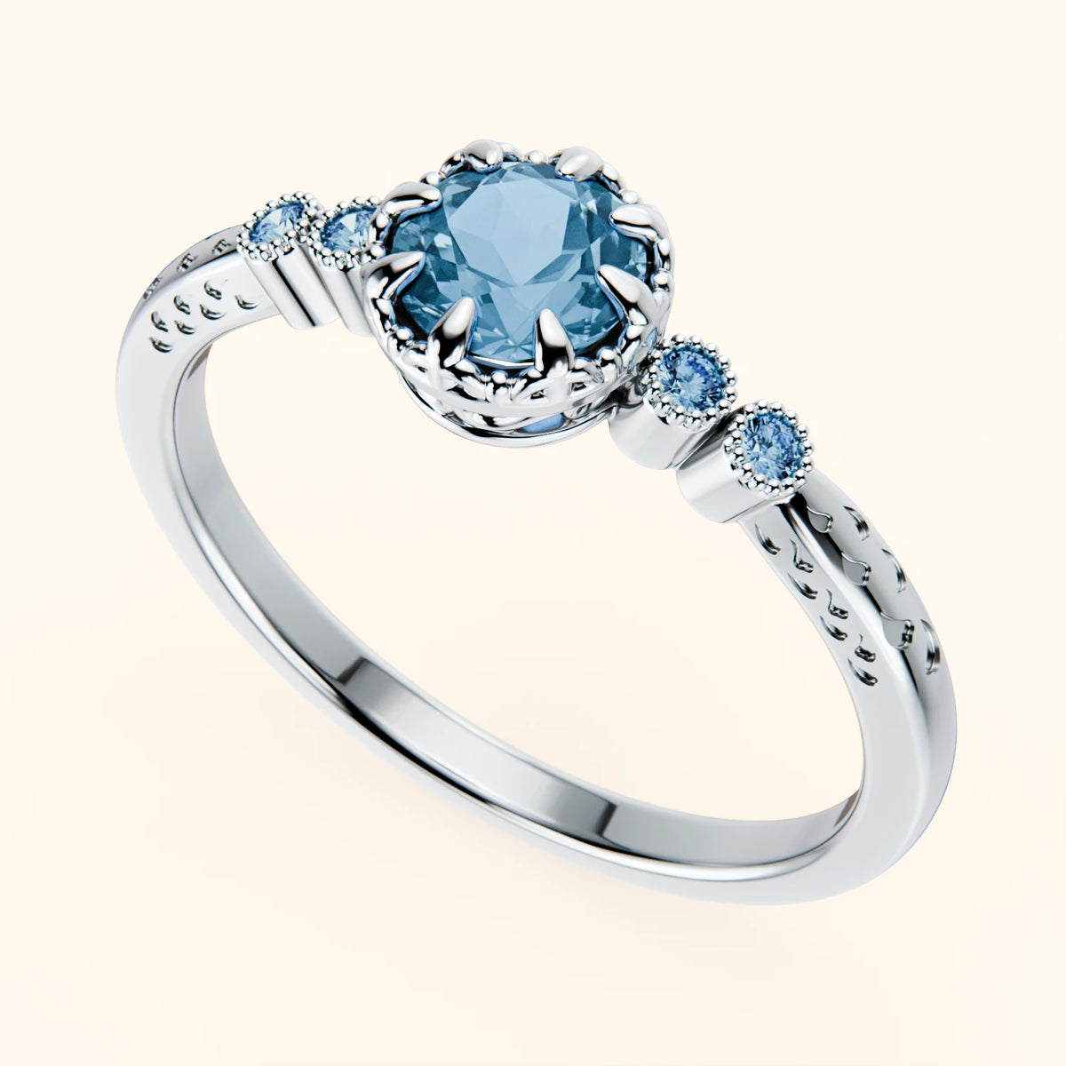 Pierścionek zaręczynowy Clarté – Topaz Swiss Blue 0,50 ct, kamienie boczne: niebieski diament laboratoryjny