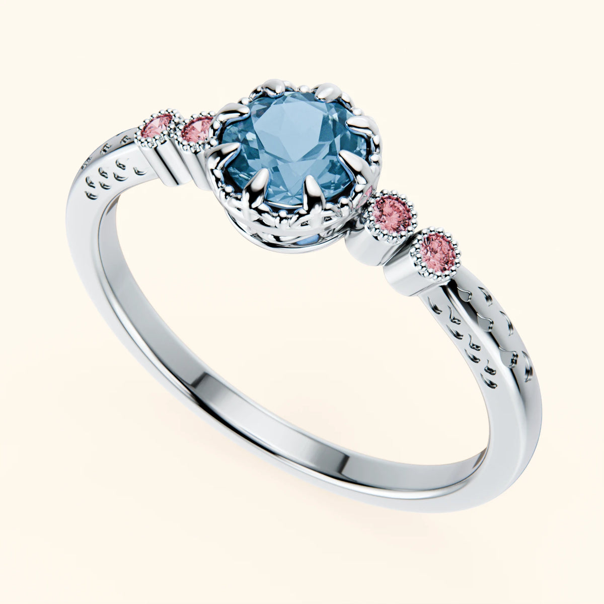 Pierścionek zaręczynowy Clarté – Topaz Swiss Blue 0,50 ct, kamienie boczne: różowy diament laboratoryjny