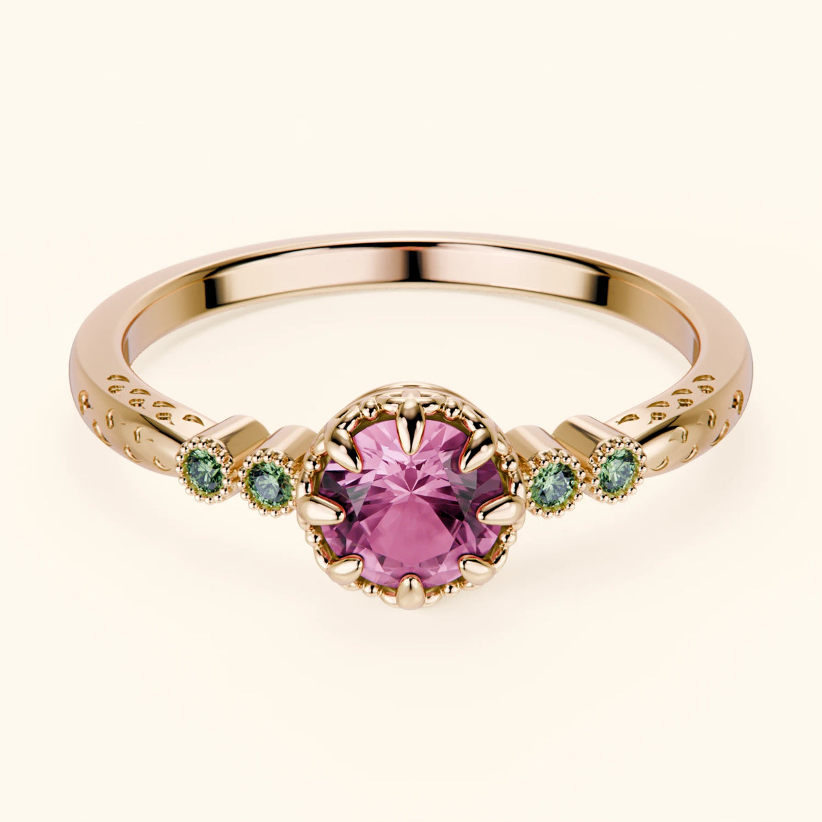 Engagement Ring Clarté - 0.60ct Natural Pink Sapphire with Lab Green Diamond Side Stones