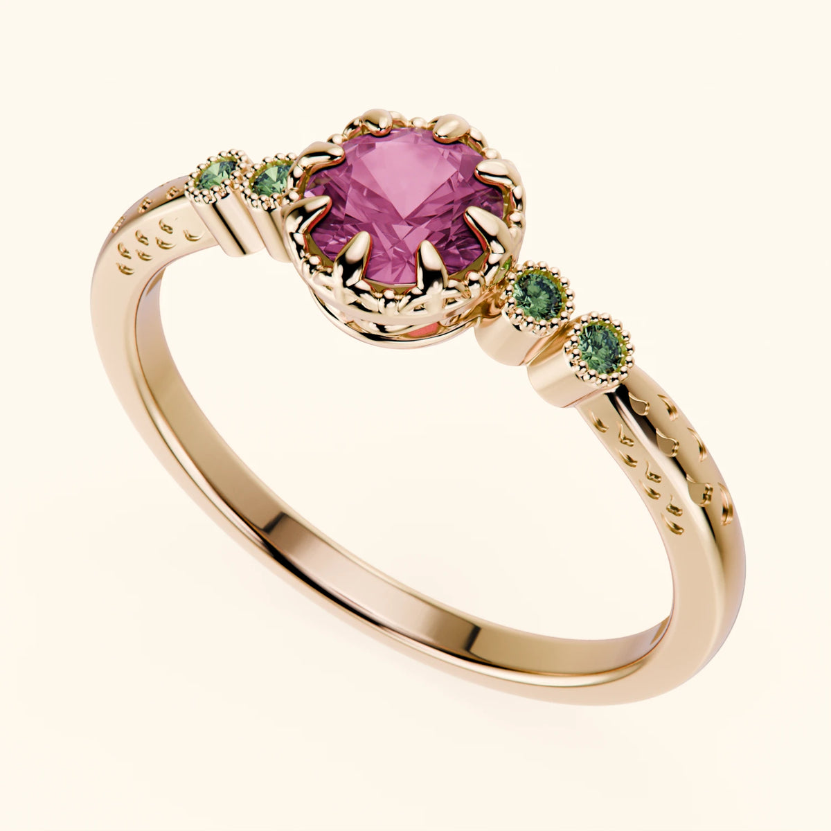 Engagement Ring Clarté - 0.60ct Natural Pink Sapphire with Lab Green Diamond Side Stones