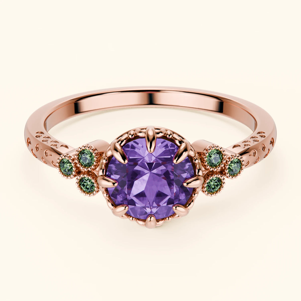 Engagement Ring Clarté - 0.65ct Amethyst with Lab Green Diamond Side Stones