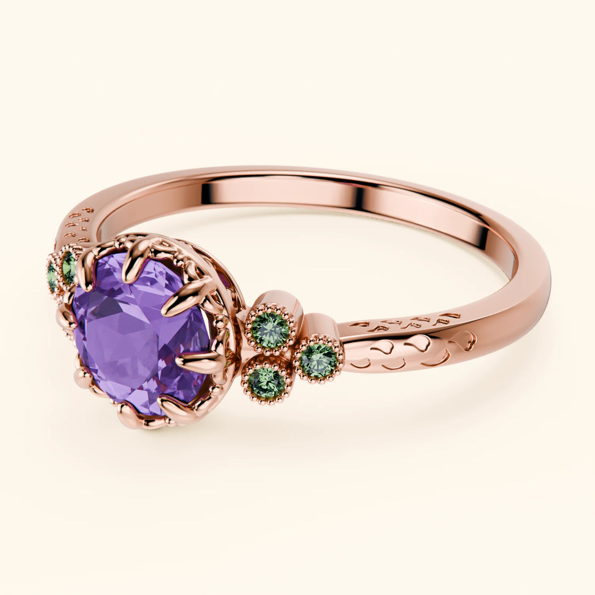 Engagement Ring Clarté - 0.65ct Amethyst with Lab Green Diamond Side Stones