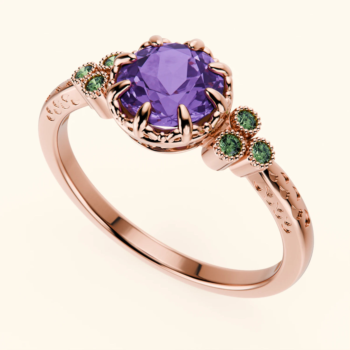 Engagement Ring Clarté - 0.65ct Amethyst with Lab Green Diamond Side Stones
