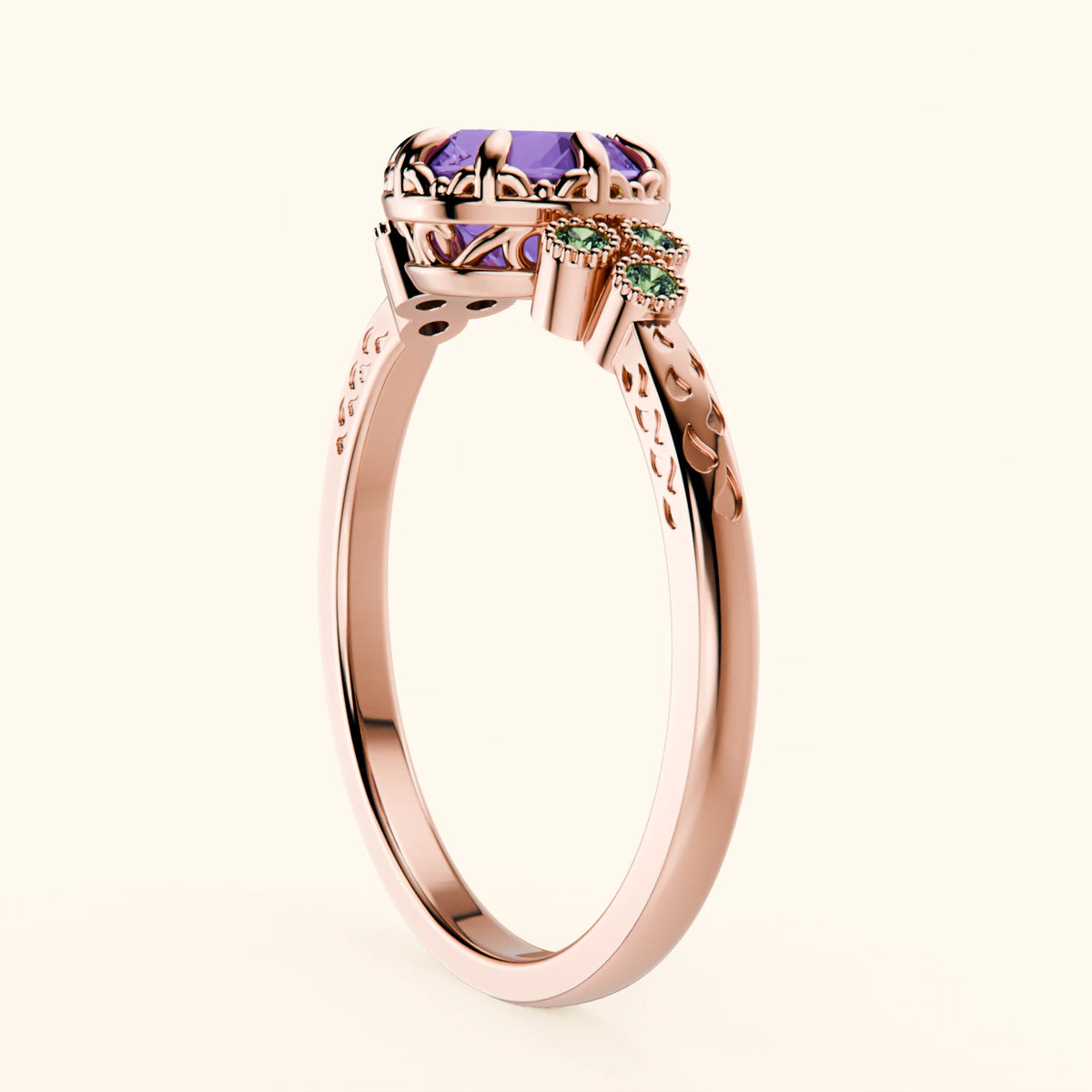 Engagement Ring Clarté - 0.65ct Amethyst with Lab Green Diamond Side Stones