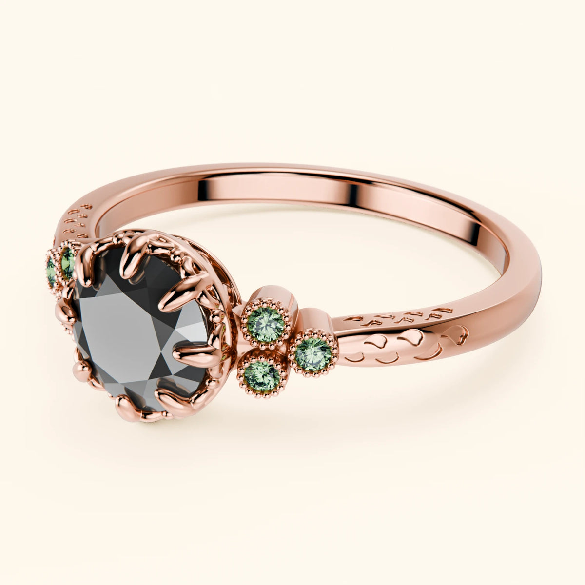 Engagement Ring Clarté - 1ct Black Diamond with Lab Green Diamond Side Stones