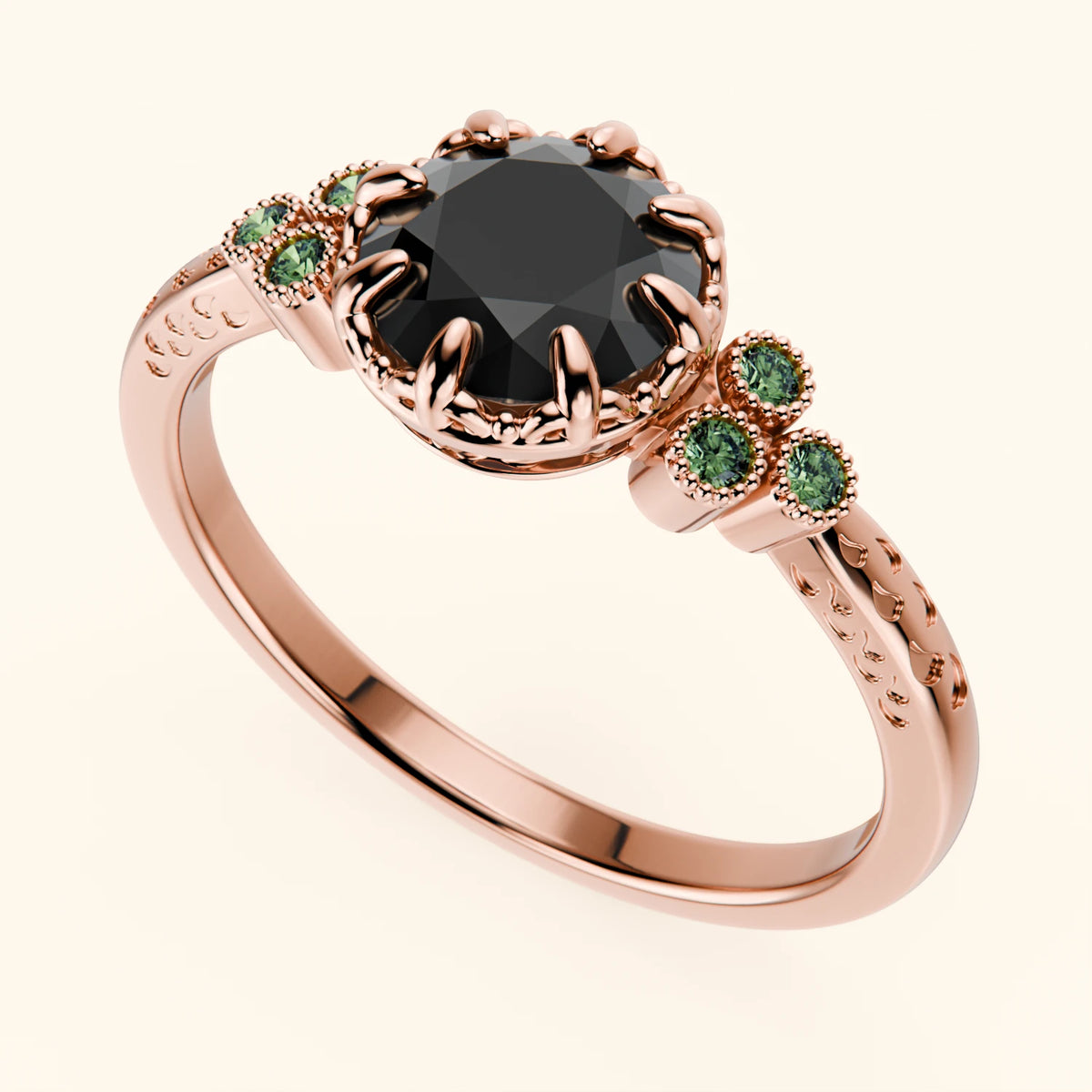 Engagement Ring Clarté - 1ct Black Diamond with Lab Green Diamond Side Stones