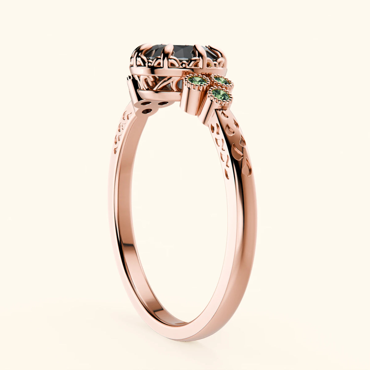 Engagement Ring Clarté - 1ct Black Diamond with Lab Green Diamond Side Stones