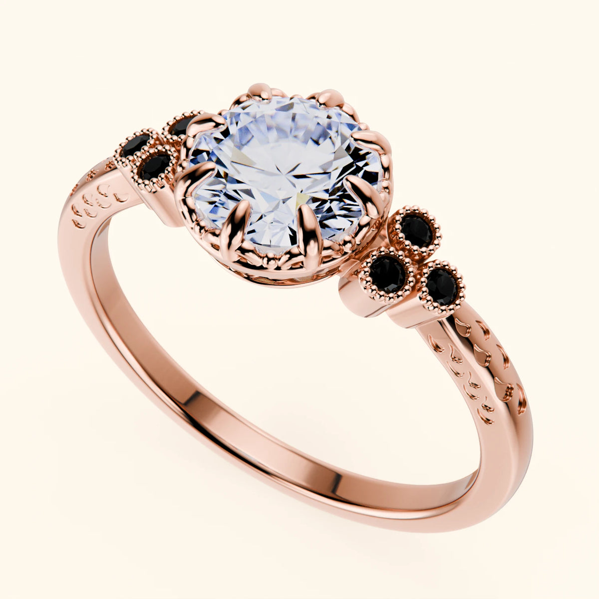 Engagement Ring Clarté - 1ct Natural Diamond with Black Diamond Side Stones