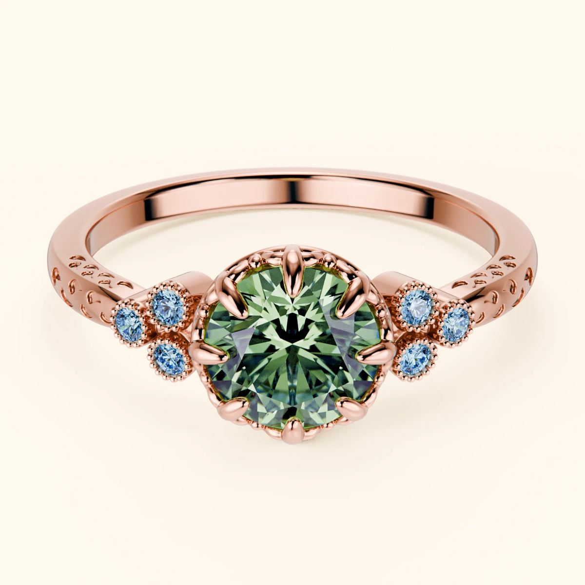 Engagement Ring Clarté - 1ct Lab Green Diamond with Lab Blue Diamond Side Stones