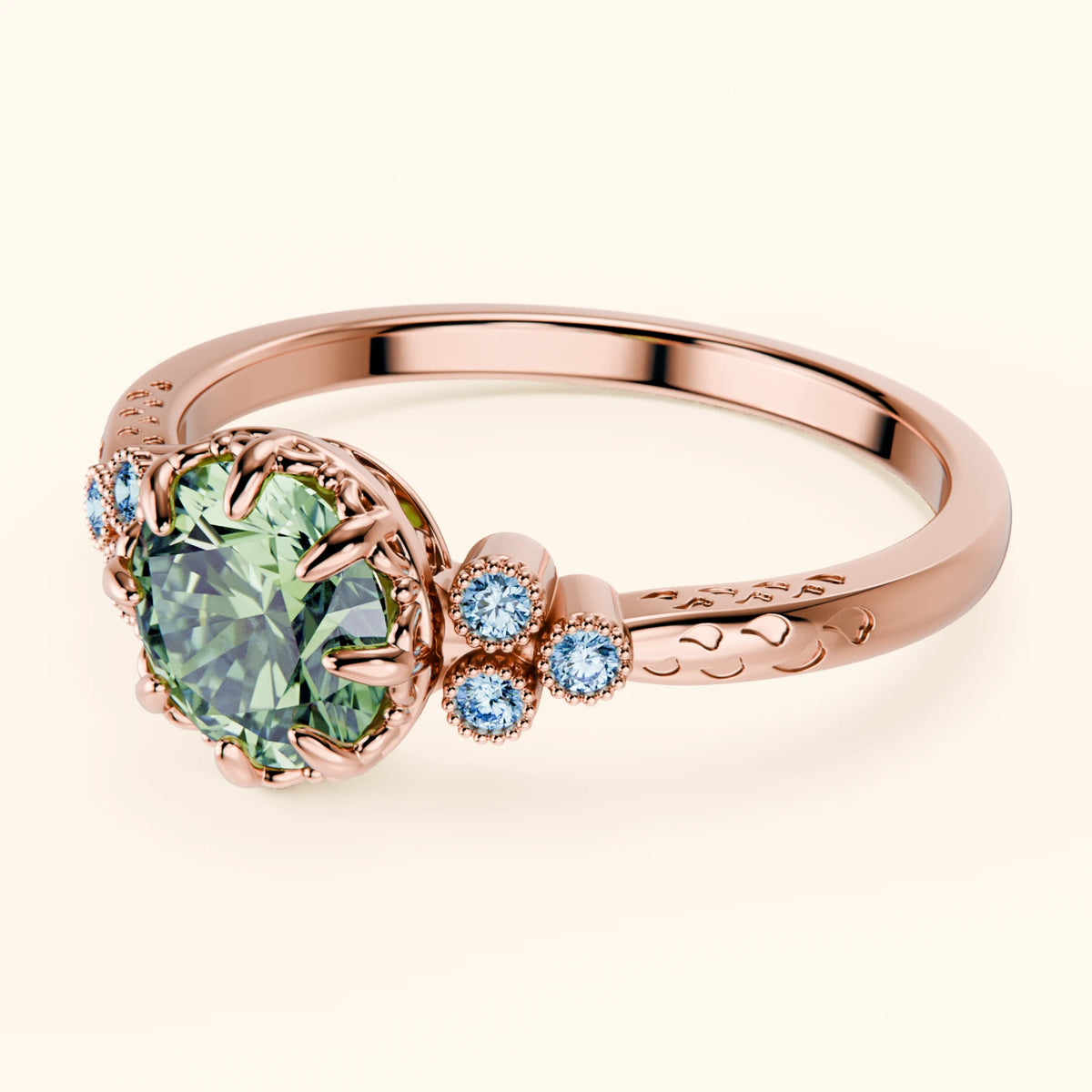 Engagement Ring Clarté - 1ct Lab Green Diamond with Lab Blue Diamond Side Stones