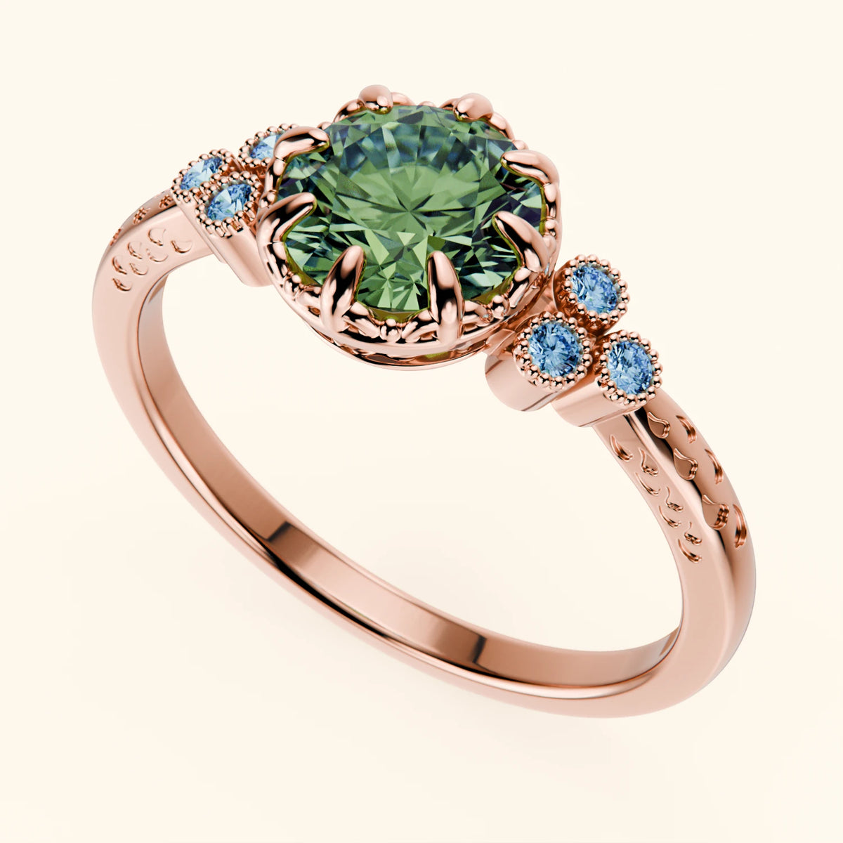 Engagement Ring Clarté - 1ct Lab Green Diamond with Lab Blue Diamond Side Stones