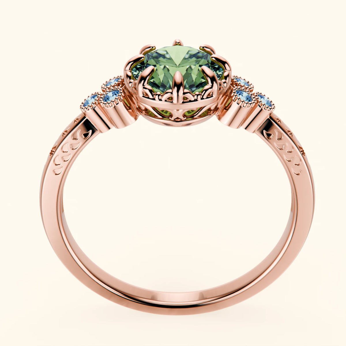 Engagement Ring Clarté - 1ct Lab Green Diamond with Lab Blue Diamond Side Stones