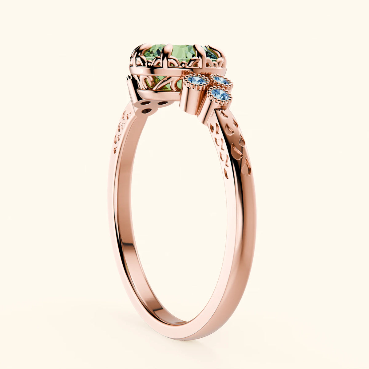 Engagement Ring Clarté - 1ct Lab Green Diamond with Lab Blue Diamond Side Stones