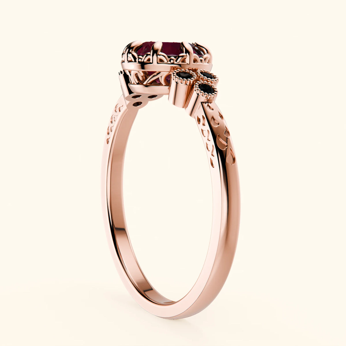 Pierścionek zaręczynowy Clarté – Rubin naturalny 1,10 ct, kamienie boczne: czarny diament