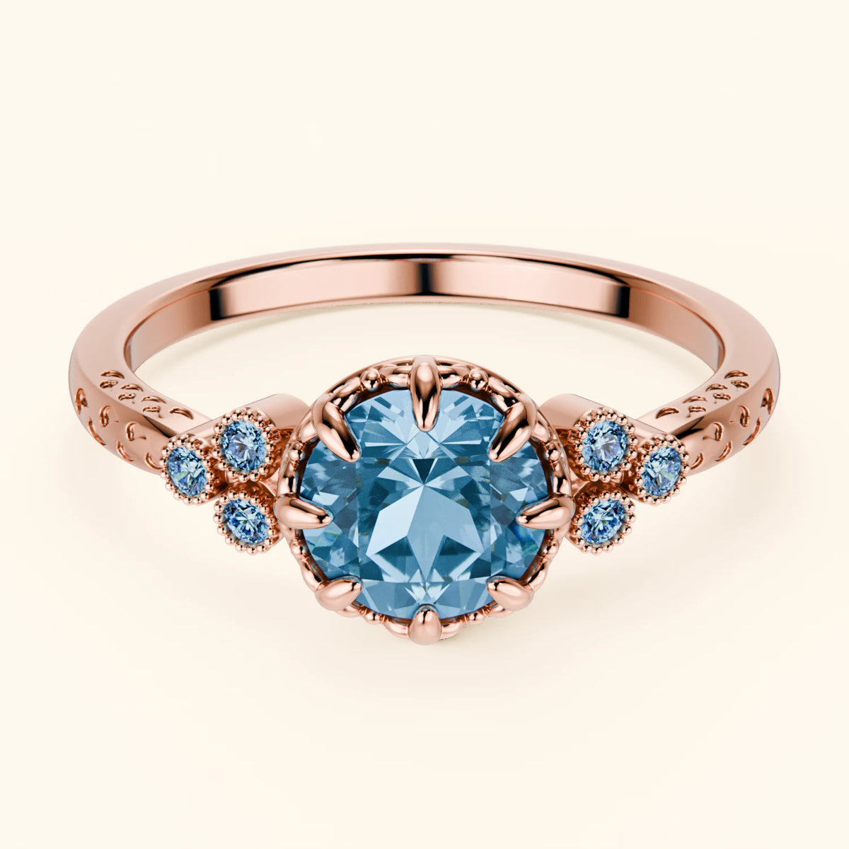 Pierścionek zaręczynowy Clarté – Topaz Swiss Blue 0,85 ct, kamienie boczne: niebieski diament laboratoryjny