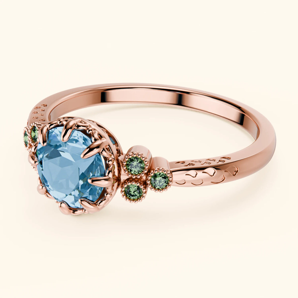 Engagement Ring Clarté - 0.85ct Swiss Blue Topaz with Lab Green Diamond Side Stones