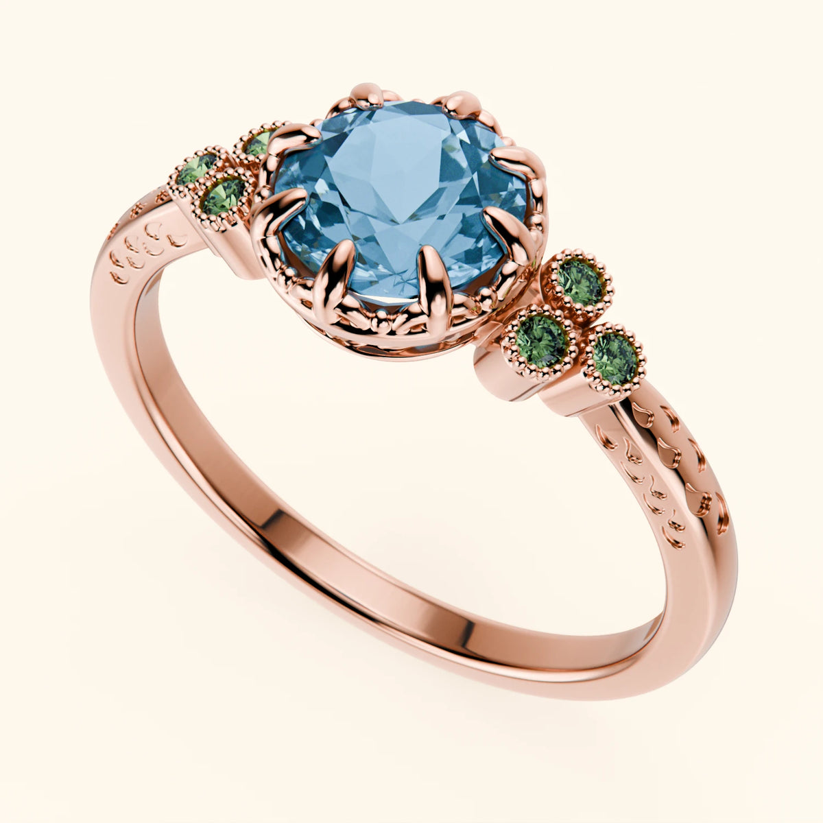 Engagement Ring Clarté - 0.85ct Swiss Blue Topaz with Lab Green Diamond Side Stones