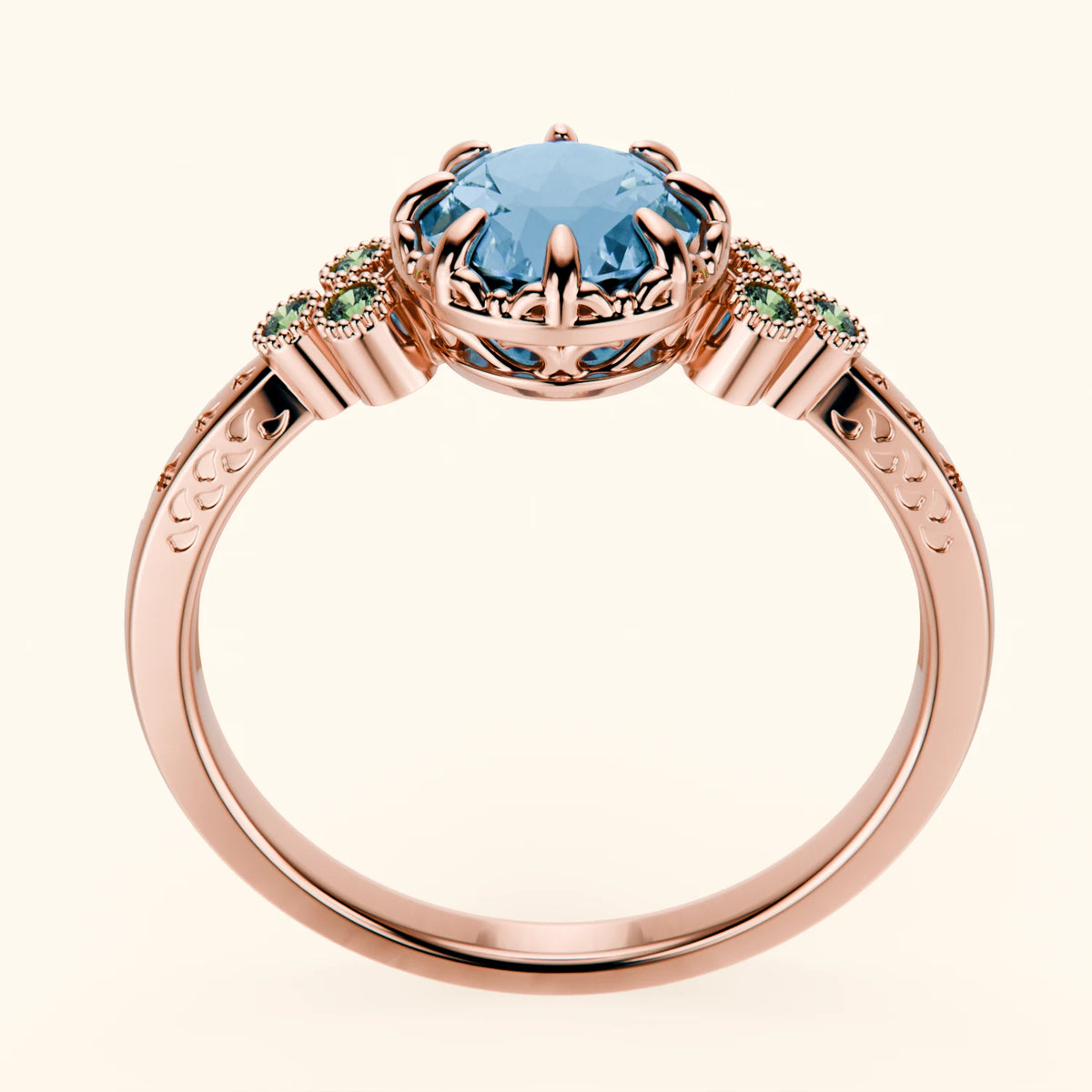 Engagement Ring Clarté - 0.85ct Swiss Blue Topaz with Lab Green Diamond Side Stones