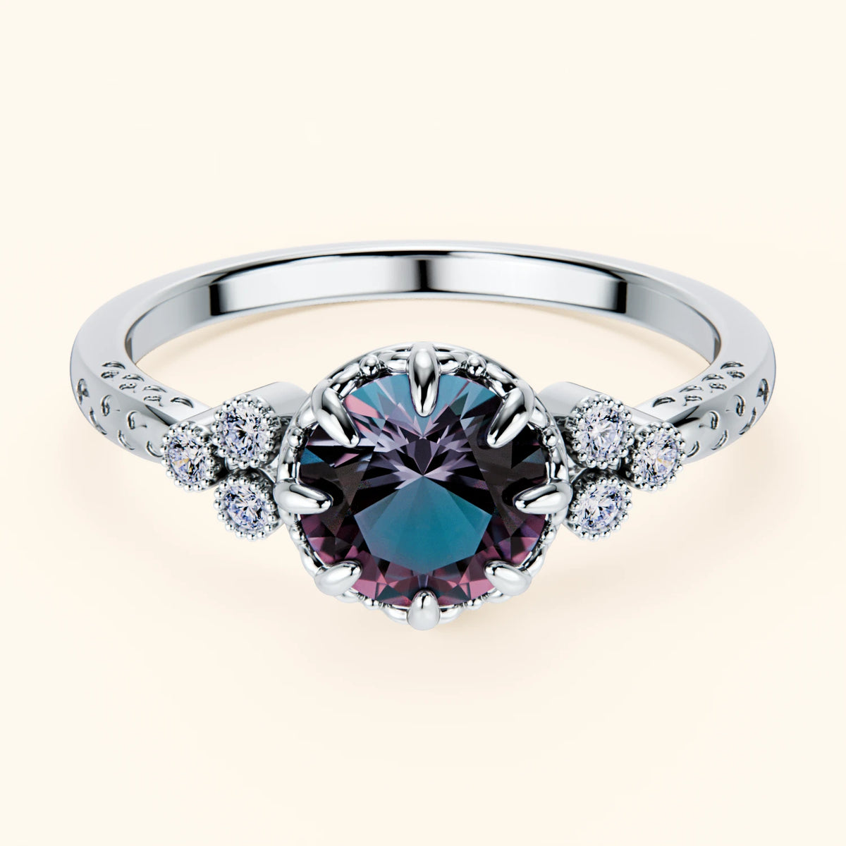 Pierścionek zaręczynowy Clarté – Aleksandryt laboratoryjny 0,90 ct, kamienie boczne: diament naturalny