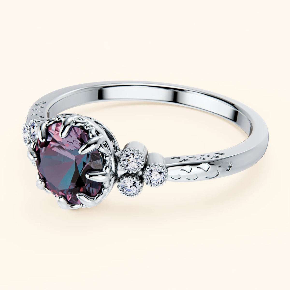 Pierścionek zaręczynowy Clarté – Aleksandryt laboratoryjny 0,90 ct, kamienie boczne: diament naturalny