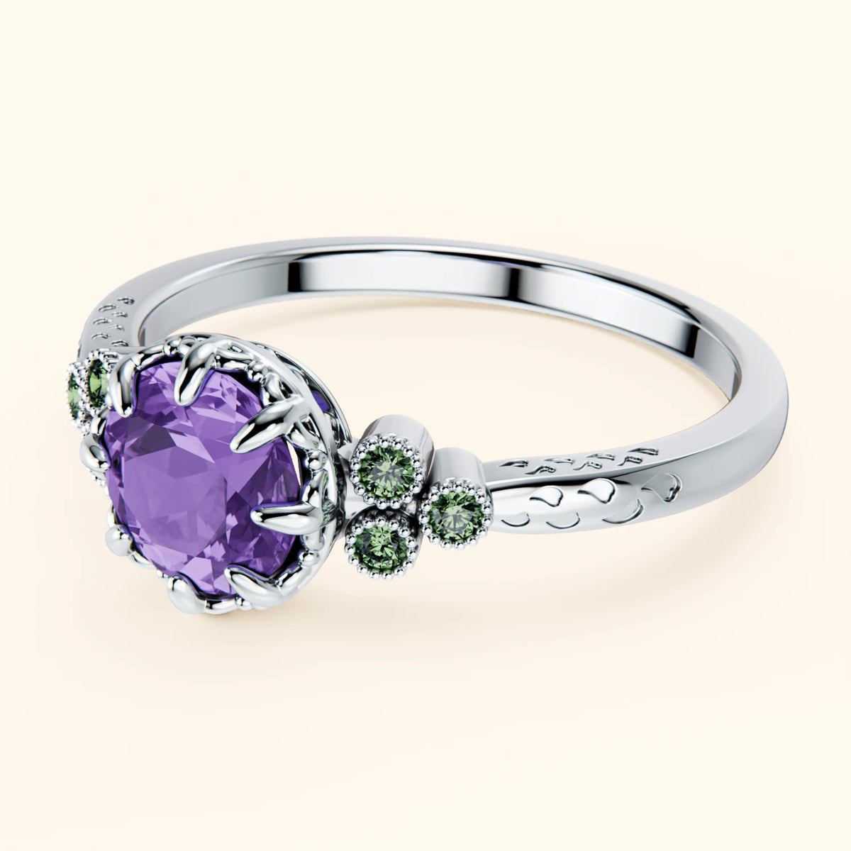 Engagement Ring Clarté - 0.65ct Amethyst with Lab Green Diamond Side Stones