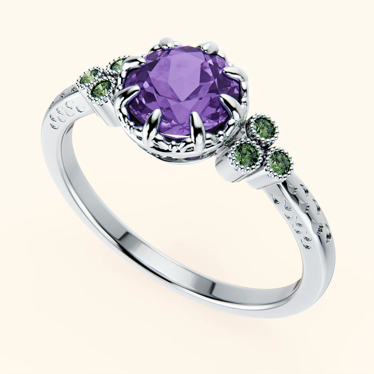 Engagement Ring Clarté - 0.65ct Amethyst with Lab Green Diamond Side Stones
