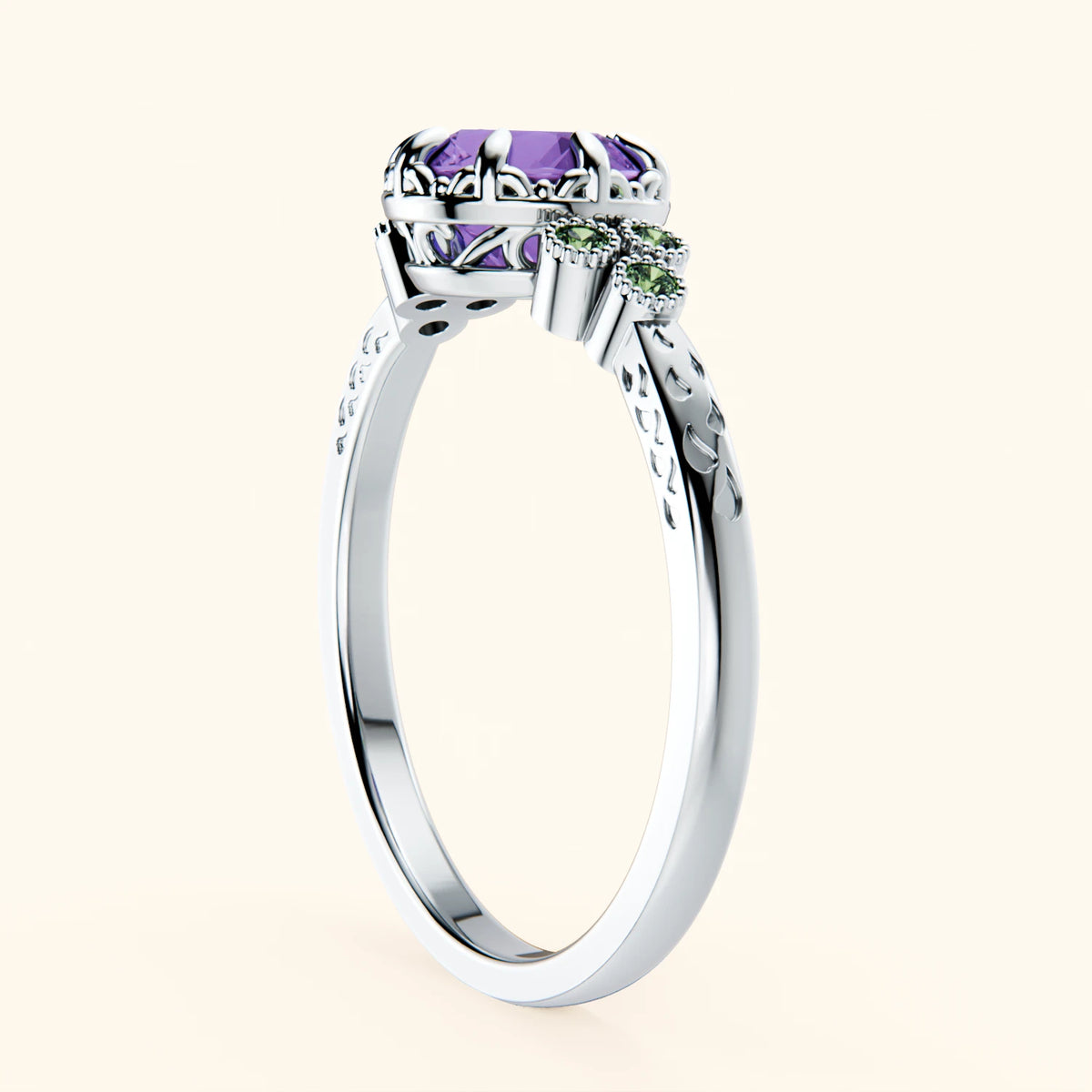 Engagement Ring Clarté - 0.65ct Amethyst with Lab Green Diamond Side Stones