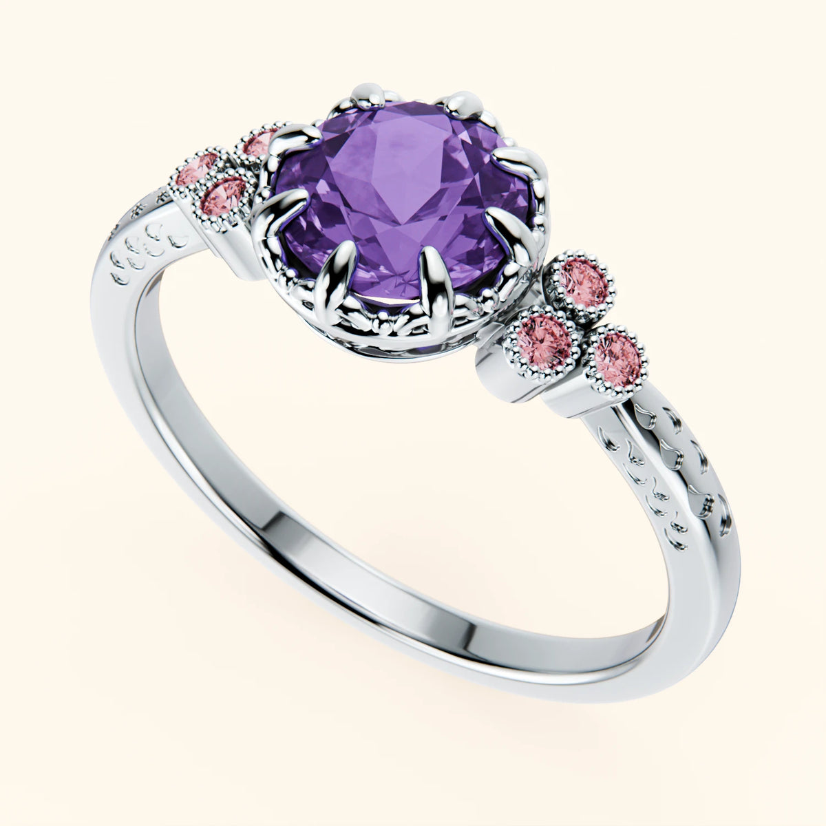 Engagement Ring Clarté - 0.65ct Amethyst with Lab Pink Diamond Side Stones