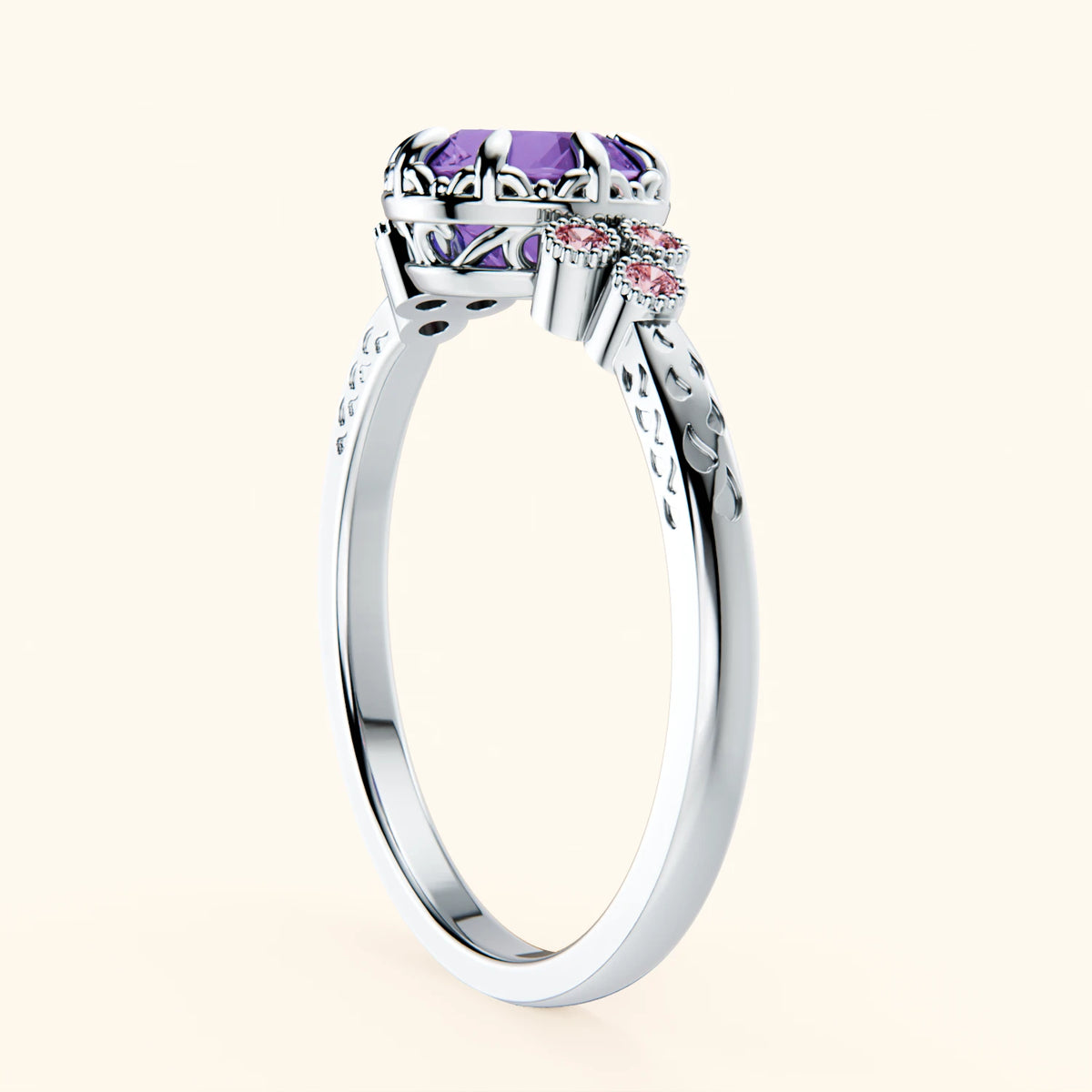 Engagement Ring Clarté - 0.65ct Amethyst with Lab Pink Diamond Side Stones