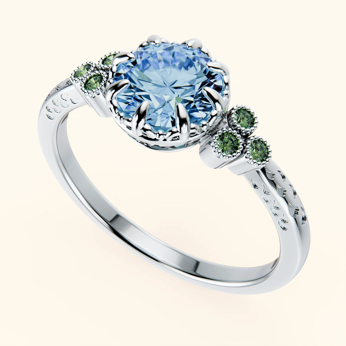 Engagement Ring Clarté - 1ct Lab Blue Diamond with Lab Green Diamond Side Stones