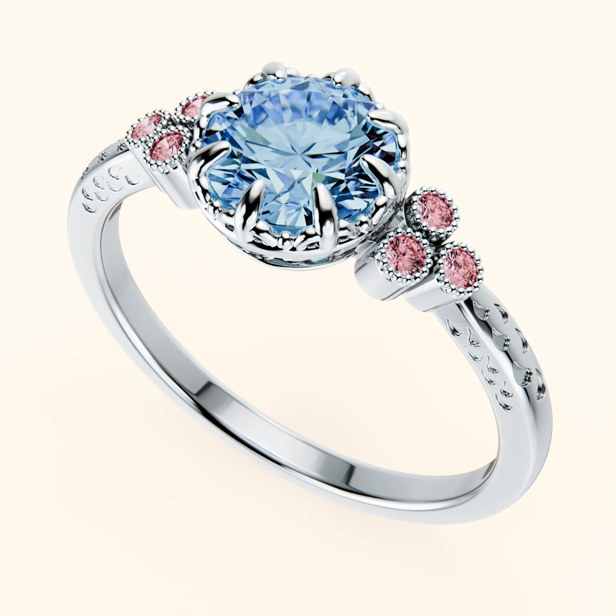 Engagement Ring Clarté - 1ct Lab Blue Diamond with Lab Pink Diamond Side Stones
