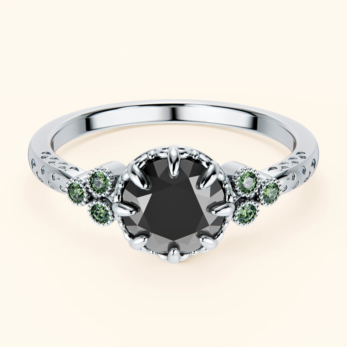 Engagement Ring Clarté - 1ct Black Diamond with Lab Green Diamond Side Stones