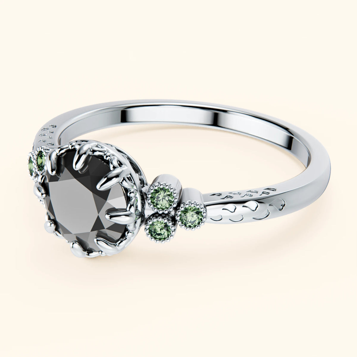 Engagement Ring Clarté - 1ct Black Diamond with Lab Green Diamond Side Stones