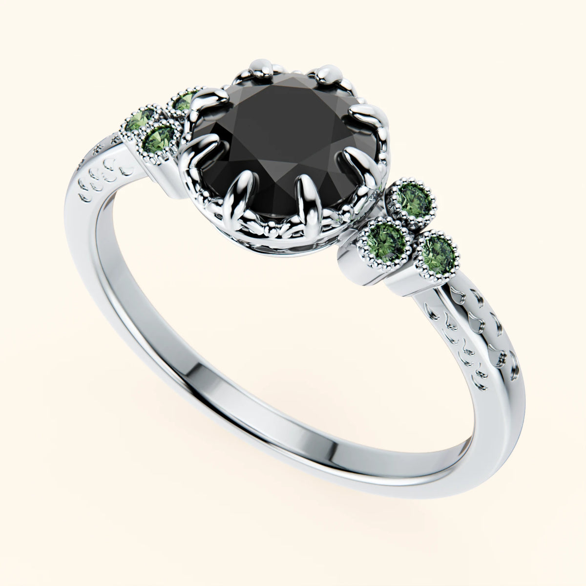 Engagement Ring Clarté - 1ct Black Diamond with Lab Green Diamond Side Stones