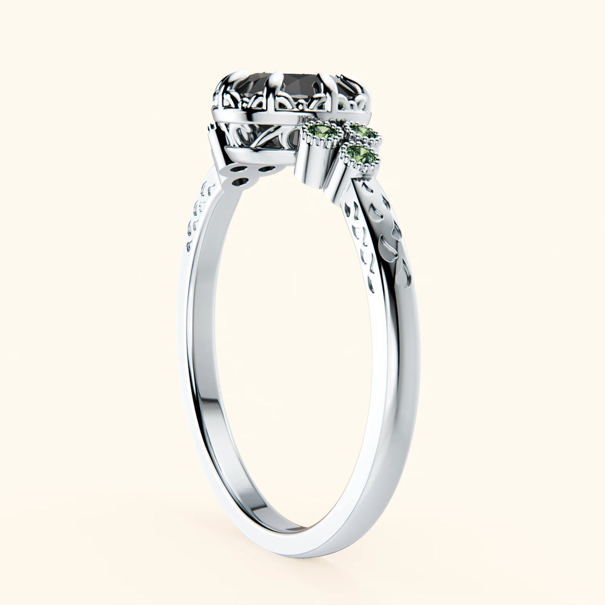 Engagement Ring Clarté - 1ct Black Diamond with Lab Green Diamond Side Stones