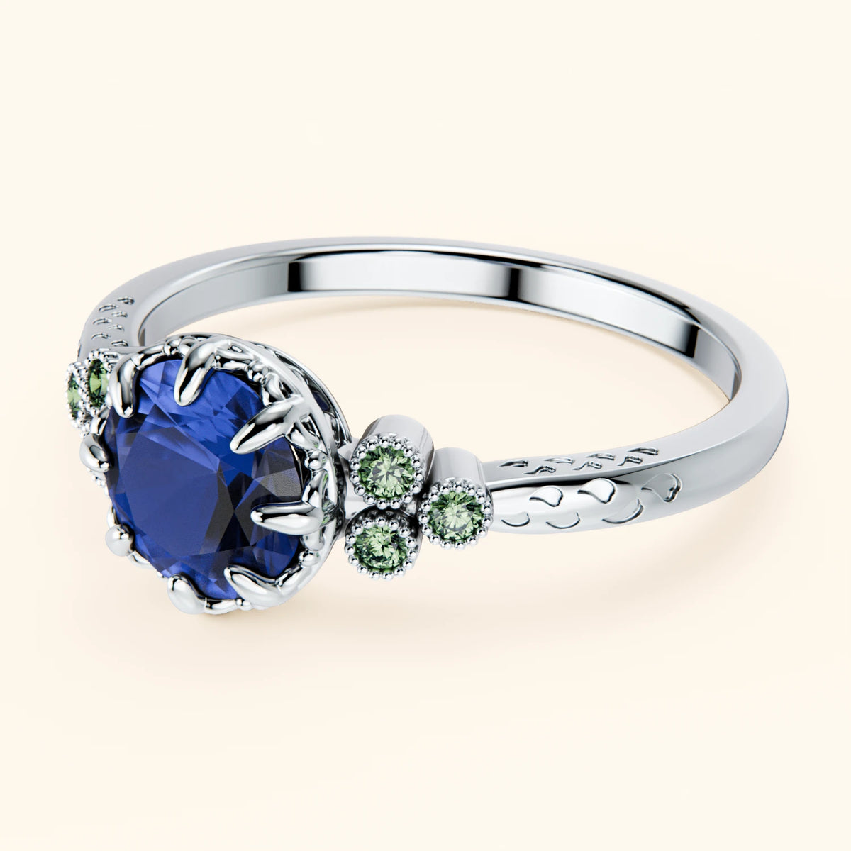 Engagement Ring Clarté - 1.10ct Natural Blue Sapphire with Lab Green Diamond Side Stones